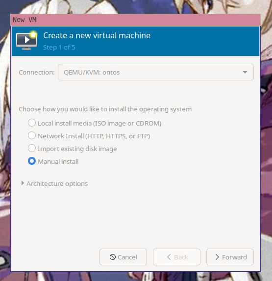 The first step of the "create a new virtual machine" wizard in virt-managerwith "manual install"selected