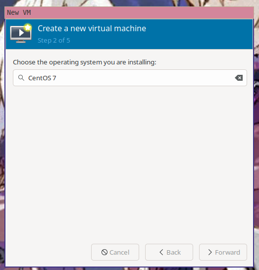 The second step of the "create a new virtual machine" wizard in virt-managerwith "CentOS 7" selected as the OS the virtual machine will berunning