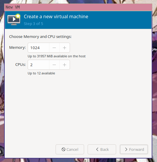 The third step of the "create a new virtual machine" wizard in virt-manager with 1024 MB of ram and 2 virtual CPU cores selected