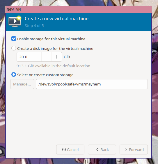 The fourth step of the "create a new virtual machine" wizard in virt-managerwith /dev/zvol/rpool/safe/vms/mayhem selected as the path to thedisk