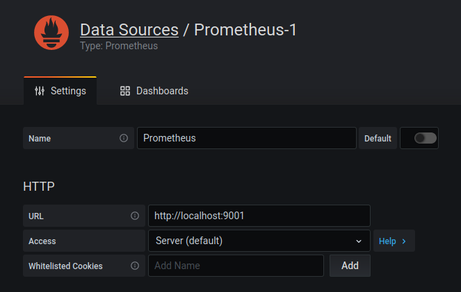 The Grafana UI for adding a datasource