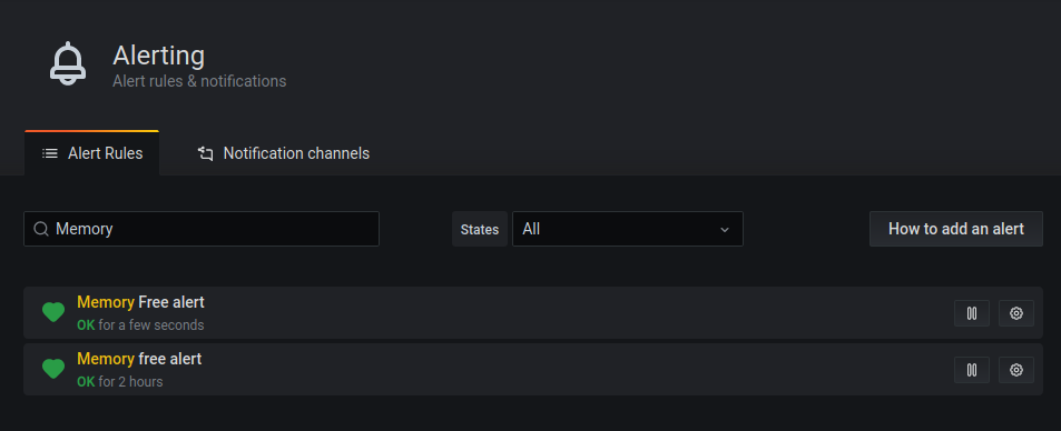 The alerts page with memory free alertsconfigured